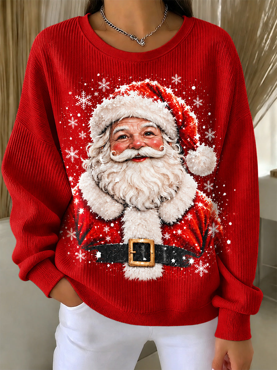 Women's Santa Claus Print Casual Ribbed Round-Neck Sweatshirt gracestitchs