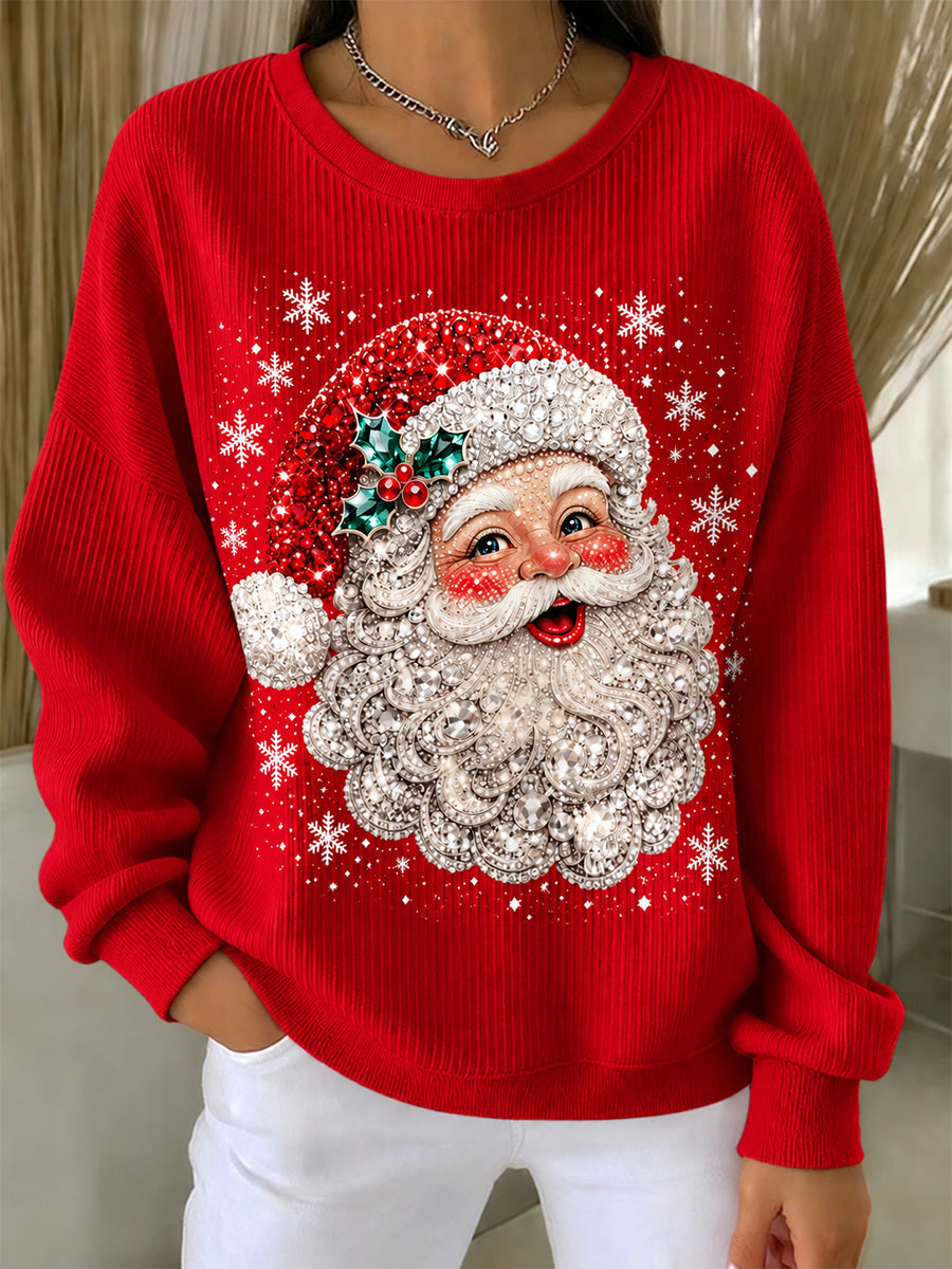 Women's Santa Claus Print Casual Ribbed Round-Neck Sweatshirt gracestitchs