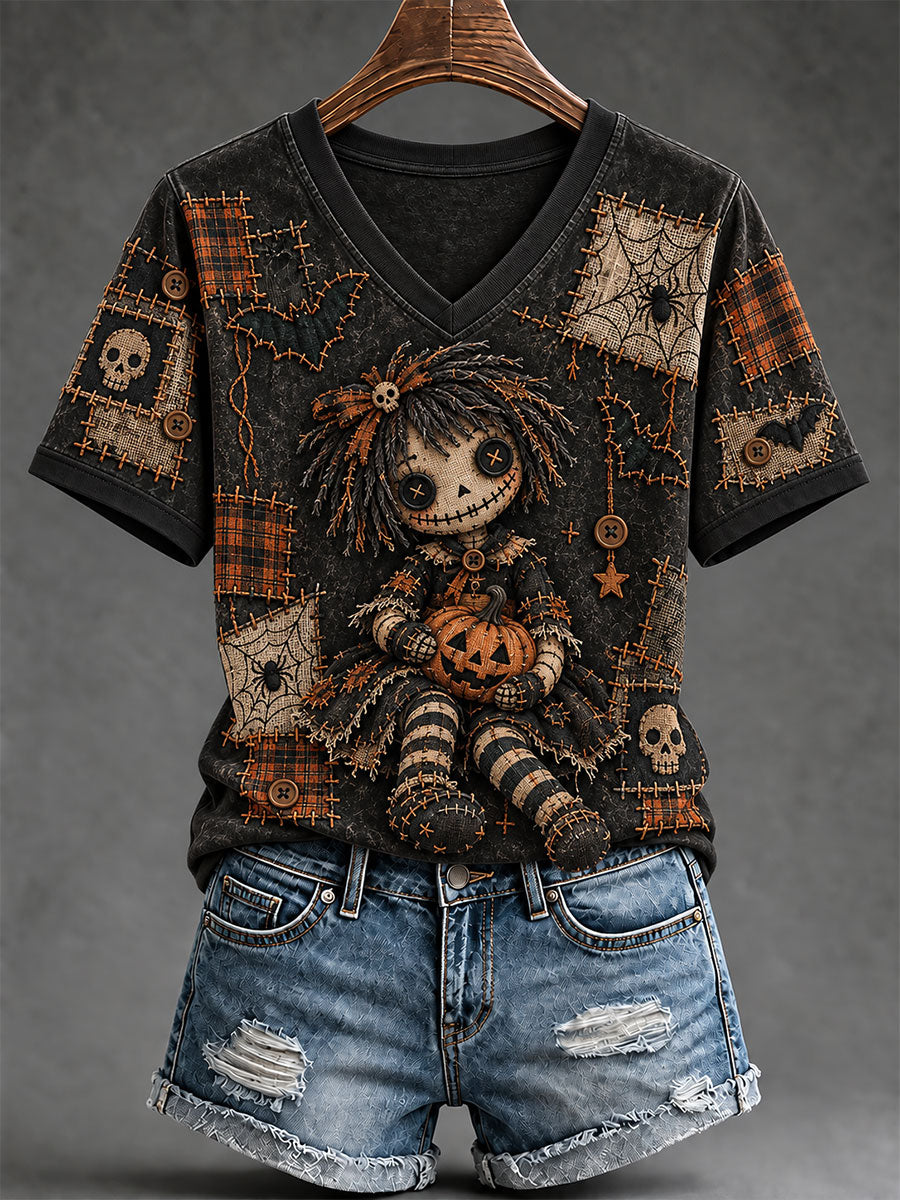 Women's Halloween Creepy Dolls Print Casual Short-Sleeved T-Shirt gracestitchs