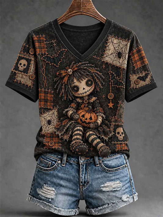 Women's Halloween Creepy Dolls Print Casual Short-Sleeved T-Shirt