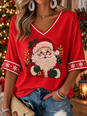 Women's Santa Claus Print Casual T-Shirt gracestitchs