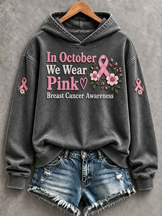 Women's In October We Wear Pink Pink Ribbon Print Hooded Sweatshirt