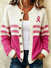 Women's Breast Cancer Awareness Print Cardigan-Style Knit Jacket gracestitchs