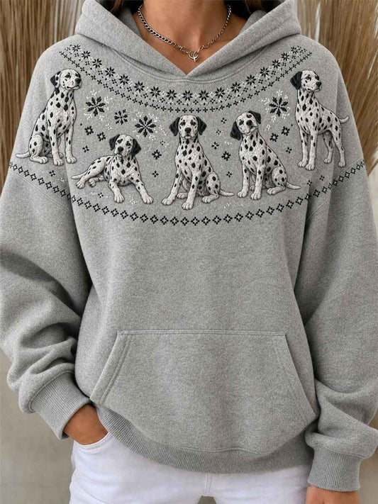 Women's Vintage Dalmatian Dogs Yoke Isle Pattern Print Oversize Hoodies