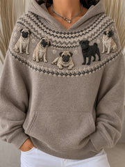 Women's Vintage Pug Dogs Yoke Isle Pattern Print Cozy Oversize Hoodies gracestitchs