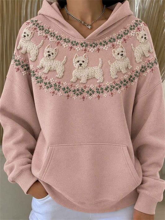 Women's Vintage West Highland White Terrier Dogs Yoke Isle Print Cozy Hoodie