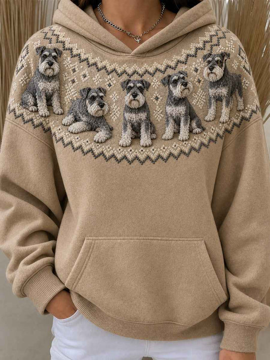 Women's Vintage Schnauzer Yoke Isle Pattern Print Oversize Hoodies