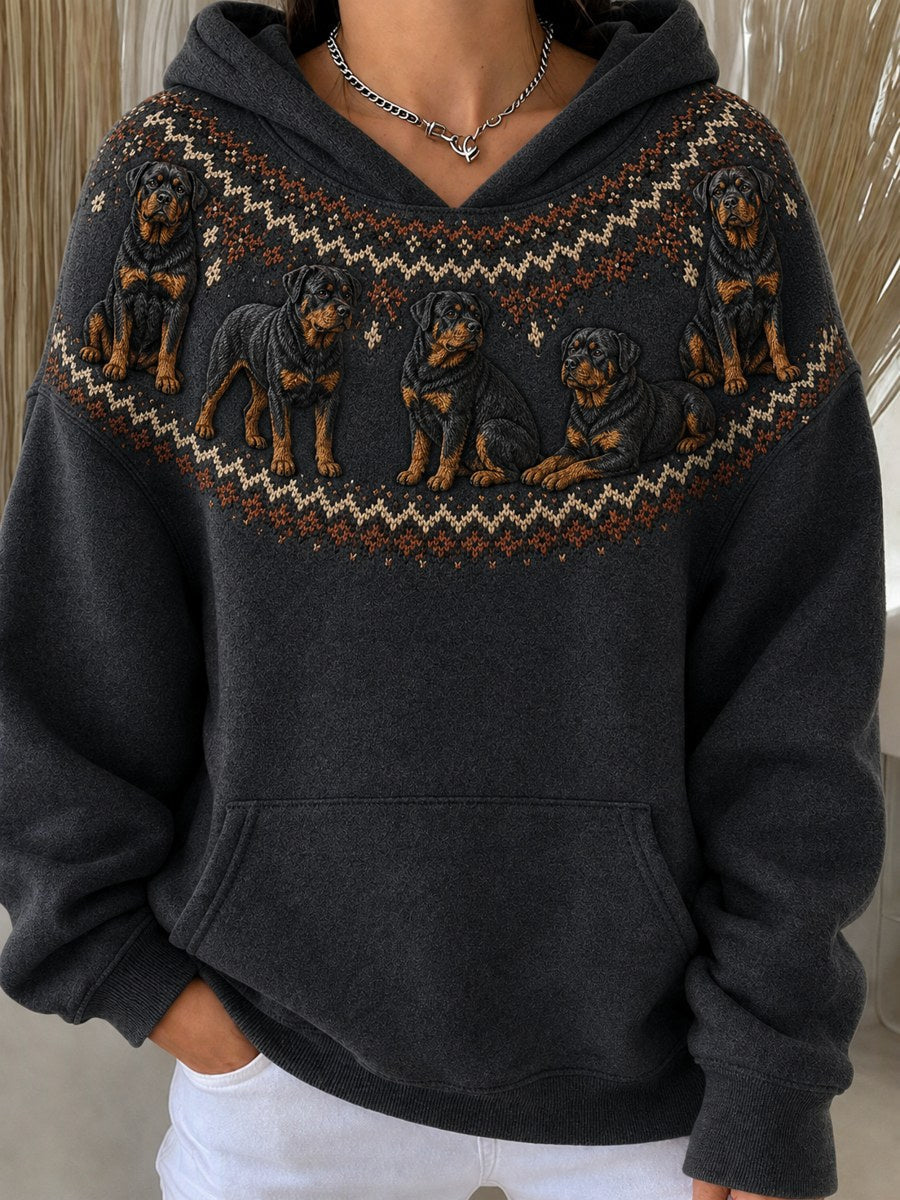 Women's Vintage Rottweiler Dogs Yoke Isle Pattern Print Cozy Oversize Hoodies gracestitchs
