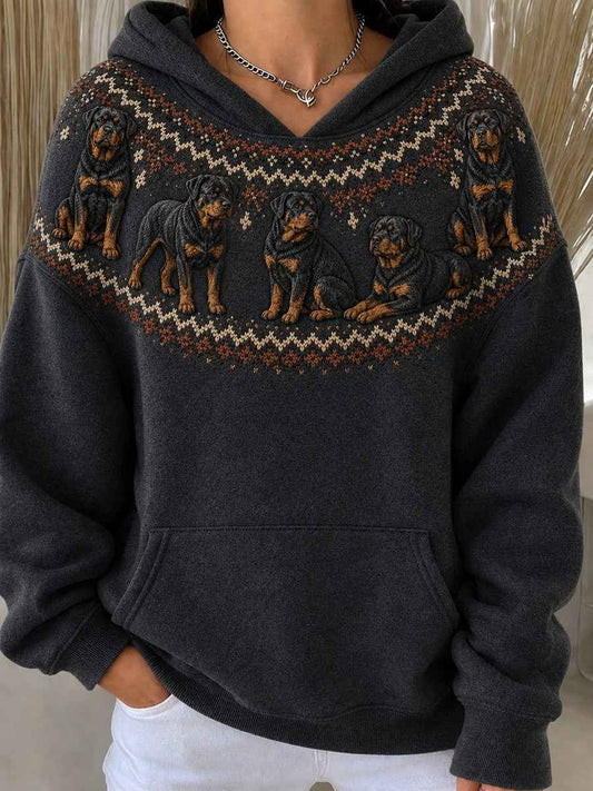 Women's Vintage Rottweiler Dogs Yoke Isle Pattern Print Cozy Oversize Hoodies