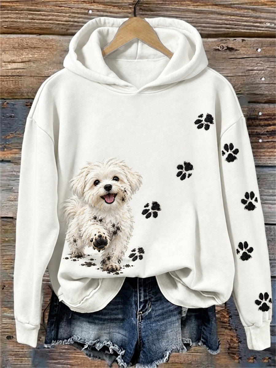 Women's Funny Dirty Maltese Dog & Paw Prints Print Cozy Hoodie gracestitchs