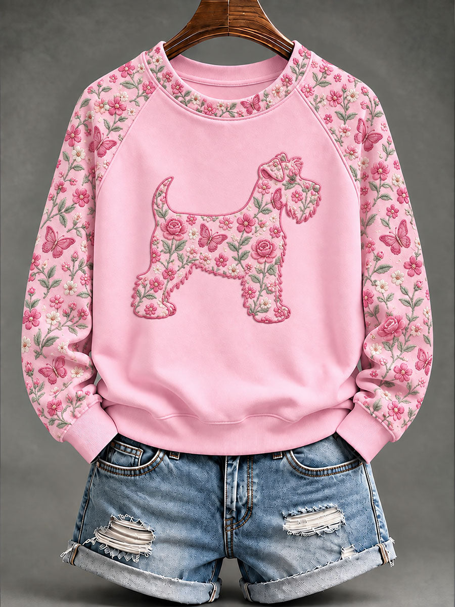 Women's Breast Cancer Schnauzer Floral Print Casual Sweatshirt gracestitchs