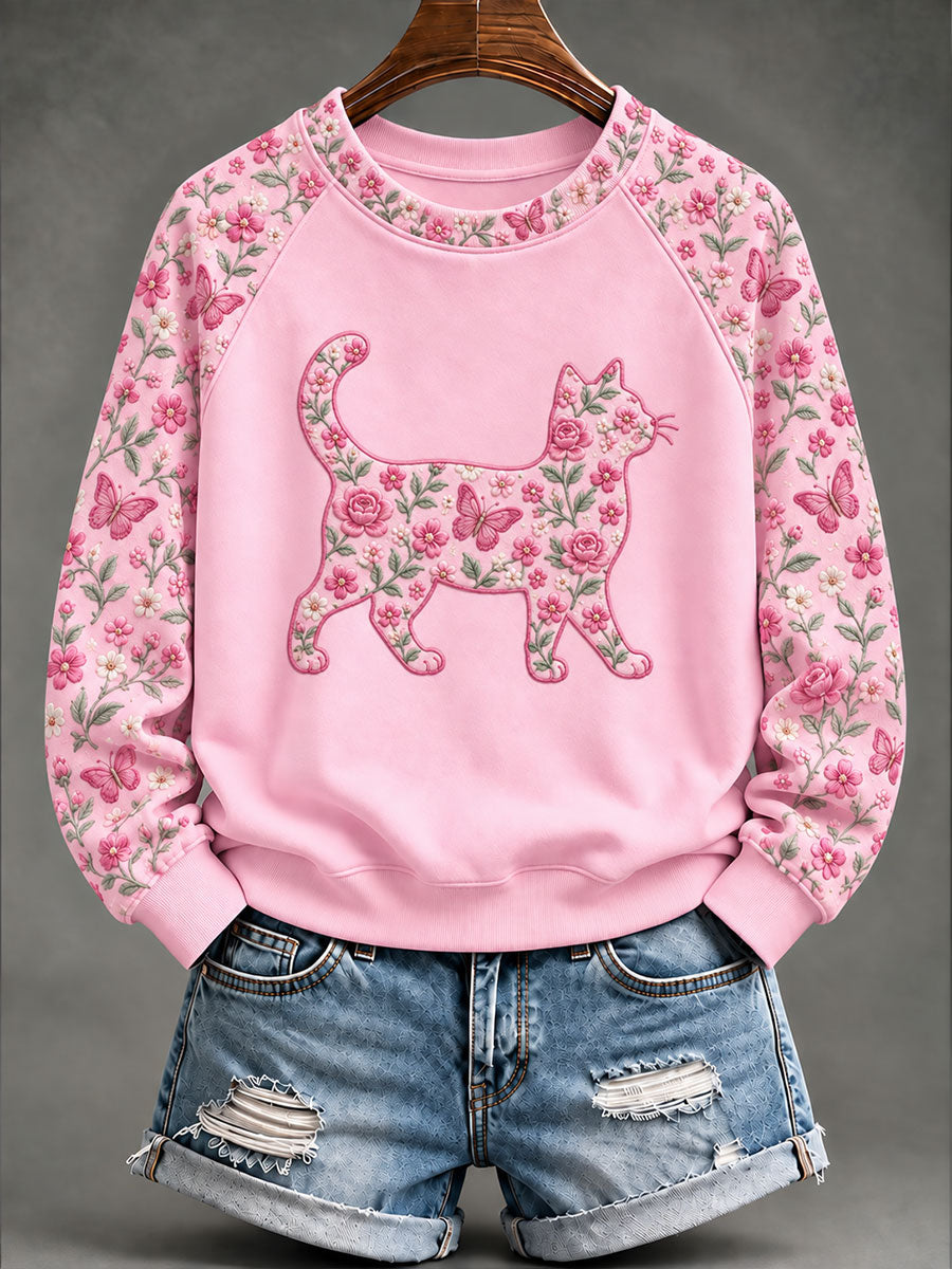 Women's Breast Cancer Cat Floral Print Casual Sweatshirt gracestitchs