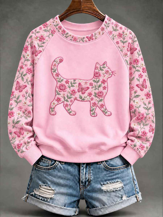 Women's Breast Cancer Cat Floral Print Casual Sweatshirt