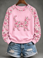 Women's Breast Cancer Cat Floral Print Casual Sweatshirt gracestitchs