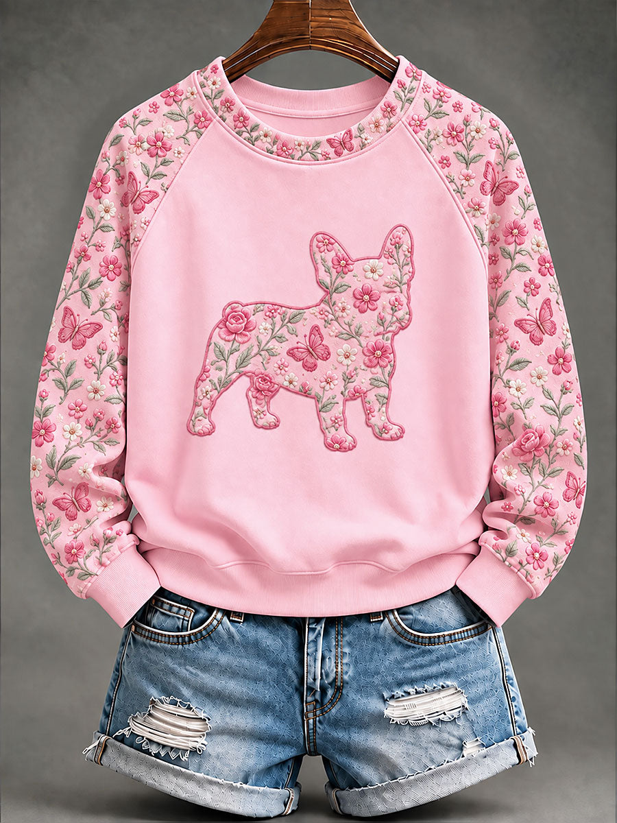 Women's Breast Cancer French Bulldog Floral Print Casual Sweatshirt gracestitchs