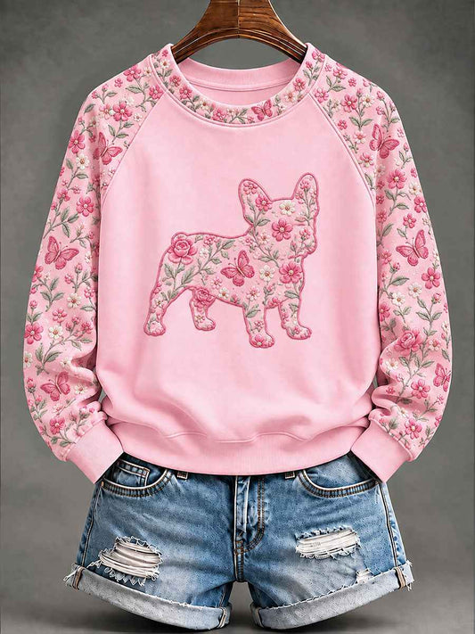 Women's Breast Cancer French Bulldog Floral Print Casual Sweatshirt