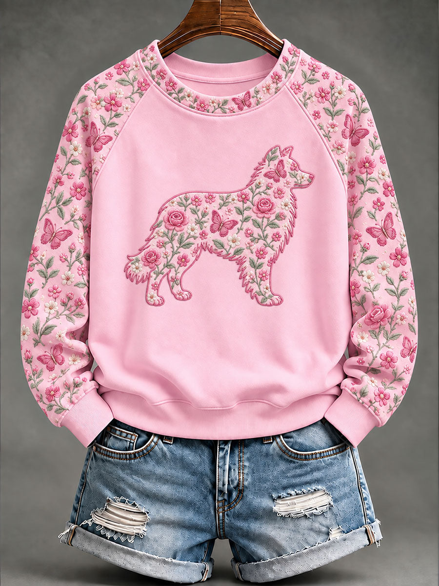 Women's Breast Cancer Sheepdog Floral Print Casual Sweatshirt gracestitchs