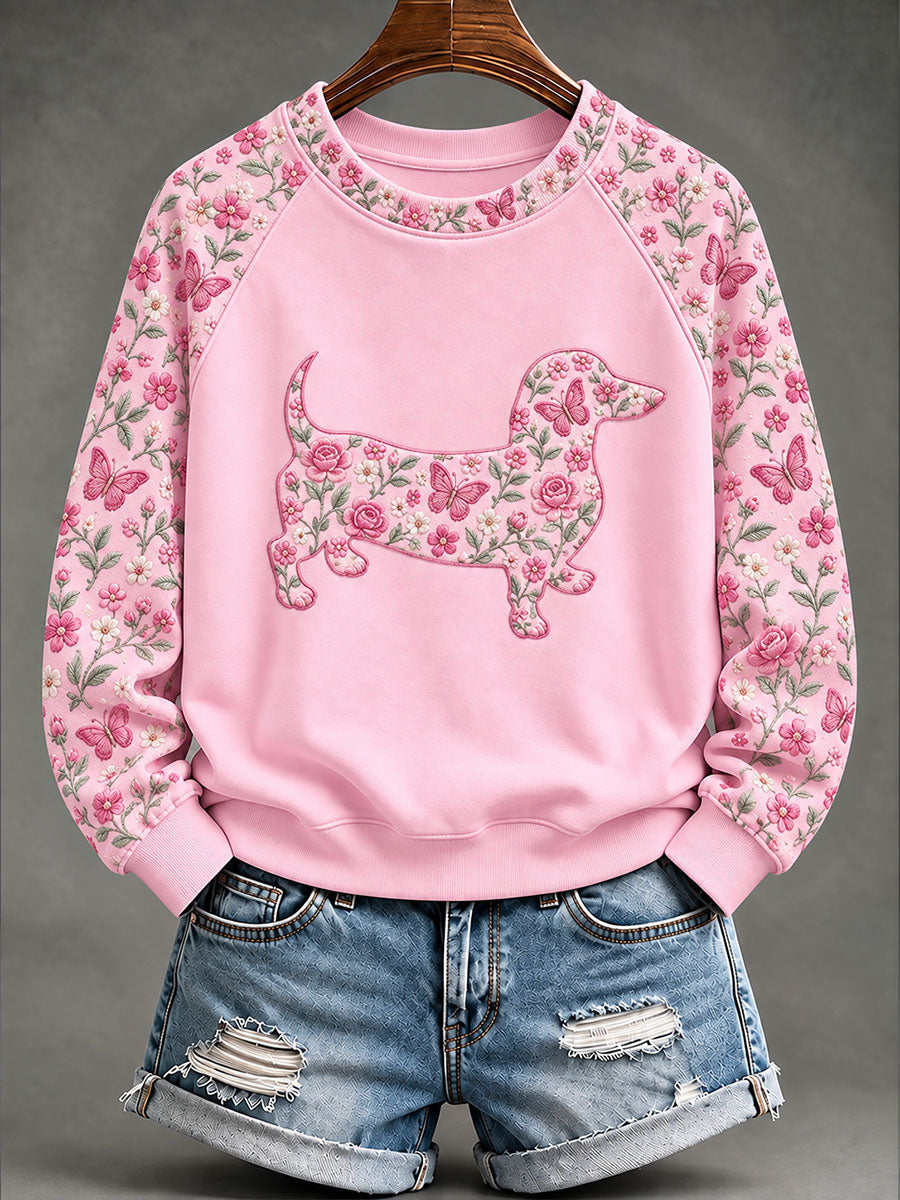Women's Breast Cancer Dachshund Floral Print Casual Sweatshirt gracestitchs