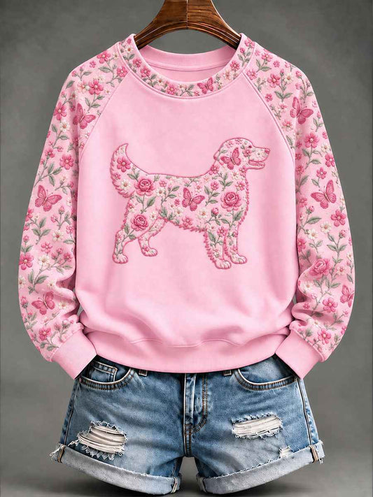 Women's Breast Cancer Golden Retriever Floral Print Casual Sweatshirt