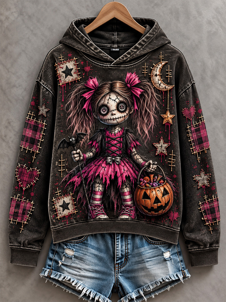 Women's Halloween Creepy Dolls Patchwork Print Casual Off-Shoulder Sweatshirt gracestitchs
