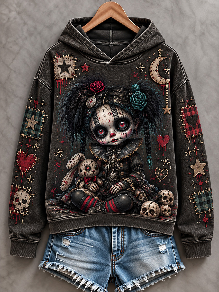 Women's Halloween Creepy Dolls Patchwork Print Casual Off-Shoulder Sweatshirt gracestitchs