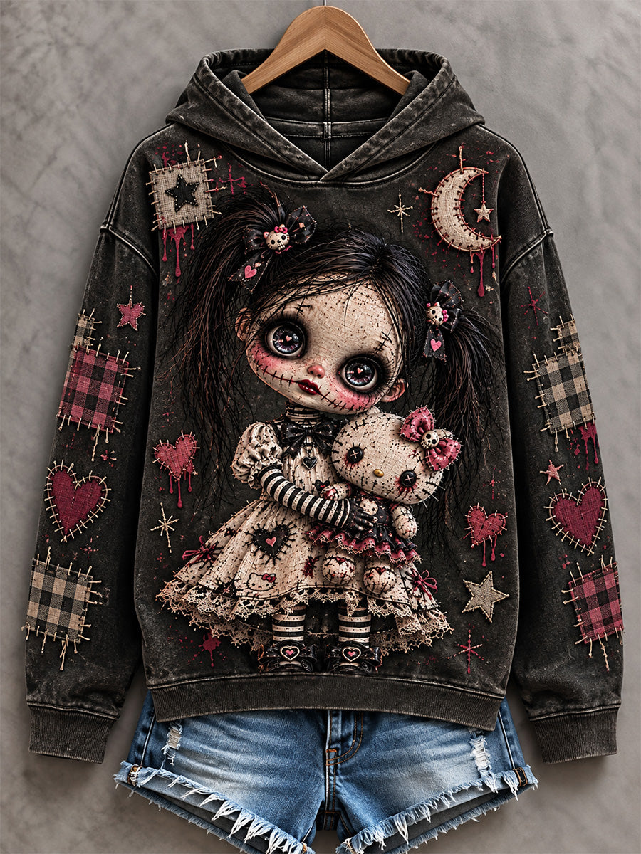 Women's Halloween Creepy Dolls Patchwork Print Casual Off-Shoulder Sweatshirt gracestitchs