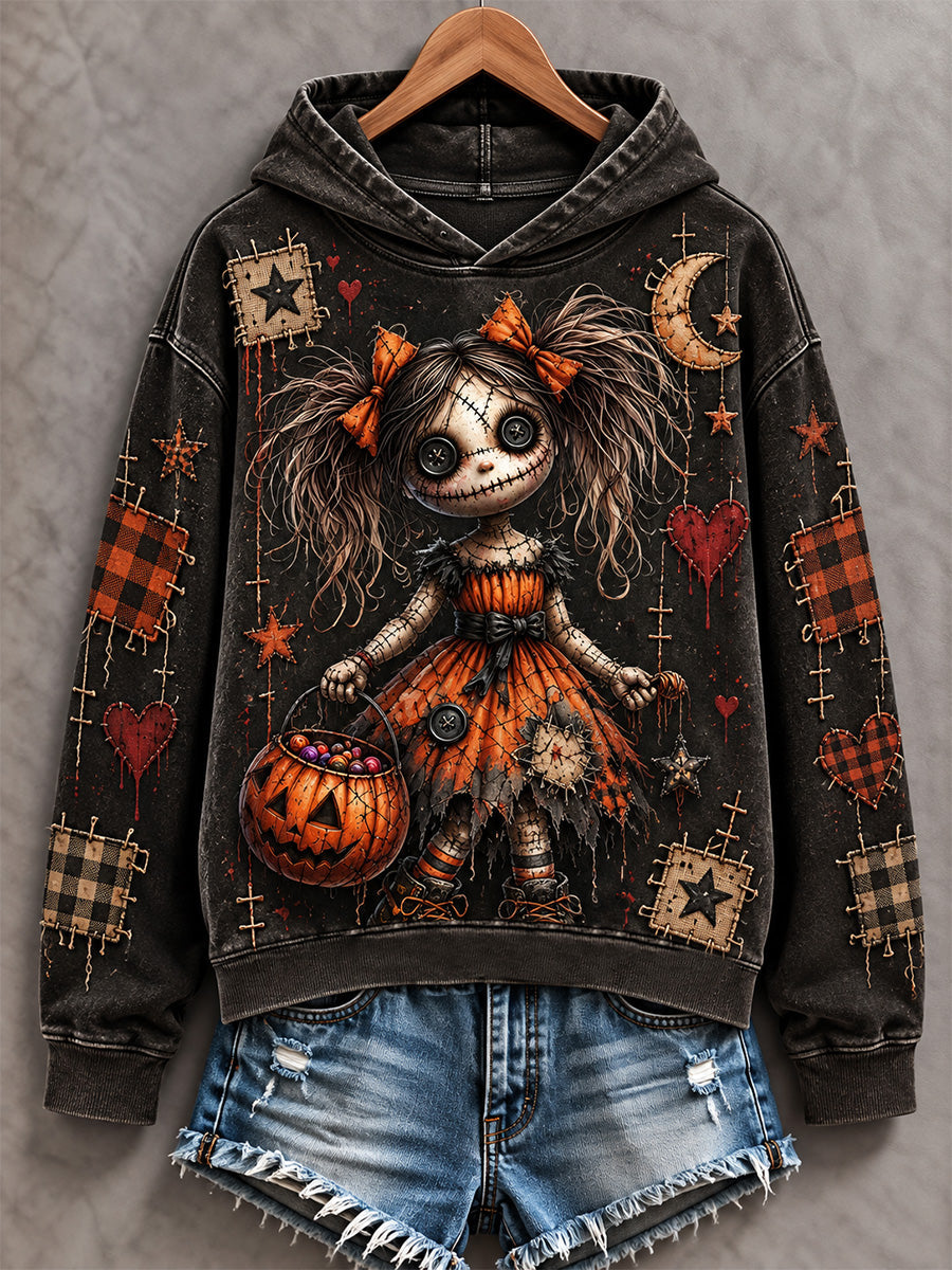 Women's Halloween Creepy Dolls Patchwork Print Casual Off-Shoulder Sweatshirt gracestitchs