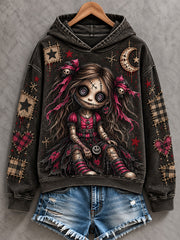 Women's Halloween Creepy Dolls Patchwork Print Casual Off-Shoulder Sweatshirt gracestitchs