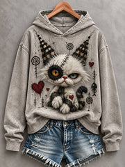 Women's Halloween Creepy Cat Print  Casual Hoodie gracestitchs