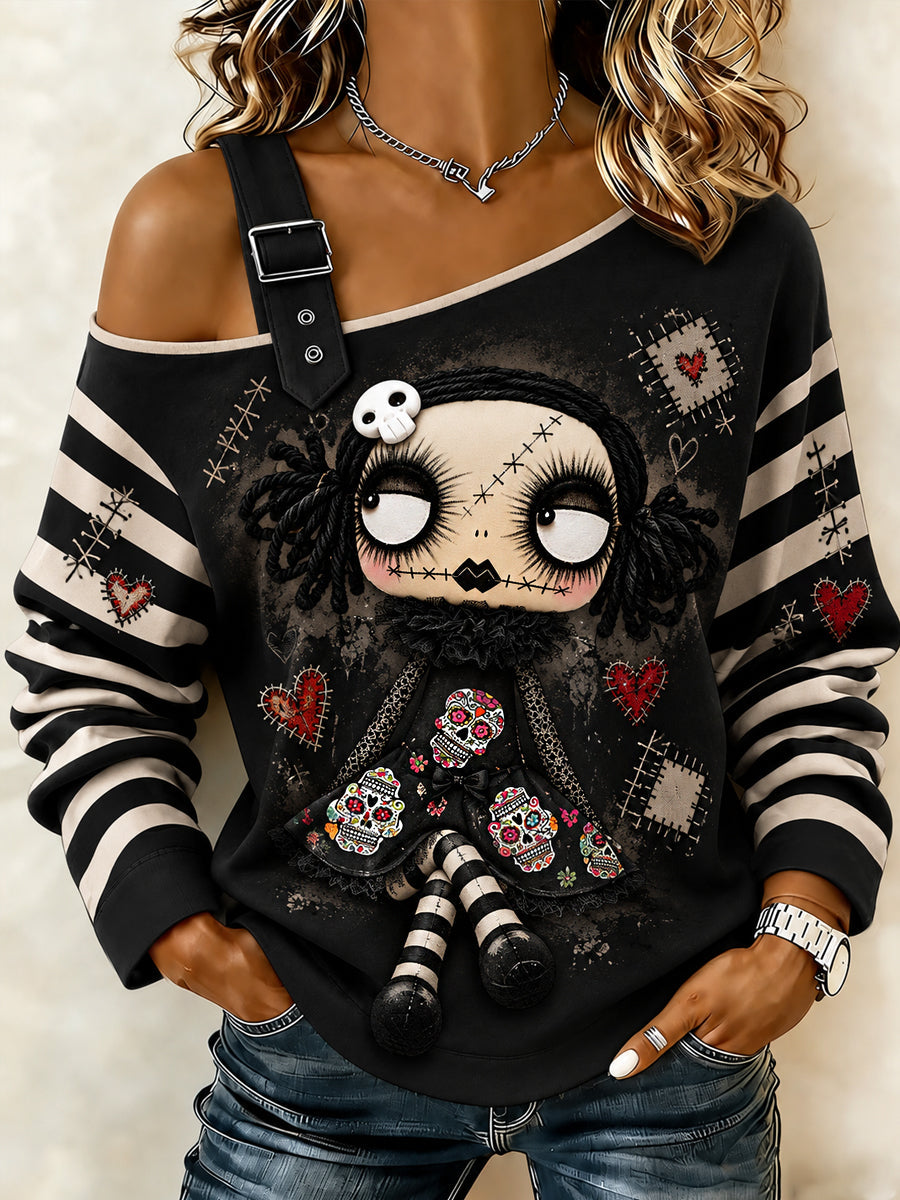 Women's Halloween Creepy Dolls Print  Casual Off-Shoulder Sweatshirt gracestitchs