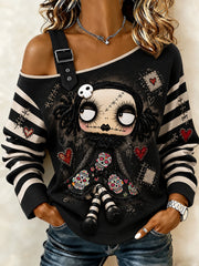 Women's Halloween Creepy Dolls Print  Casual Off-Shoulder Sweatshirt gracestitchs