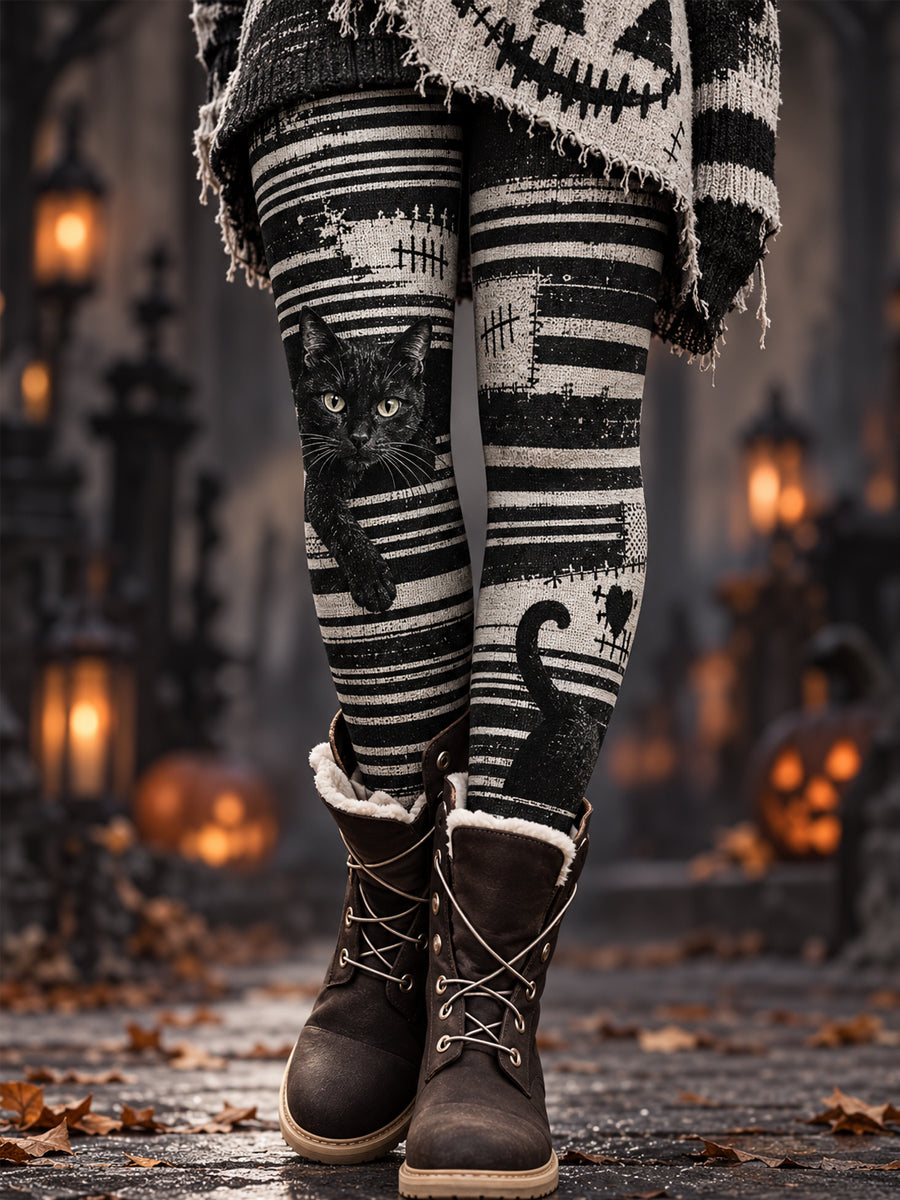 Women's Halloween Black Cat Print Leggings gracestitchs