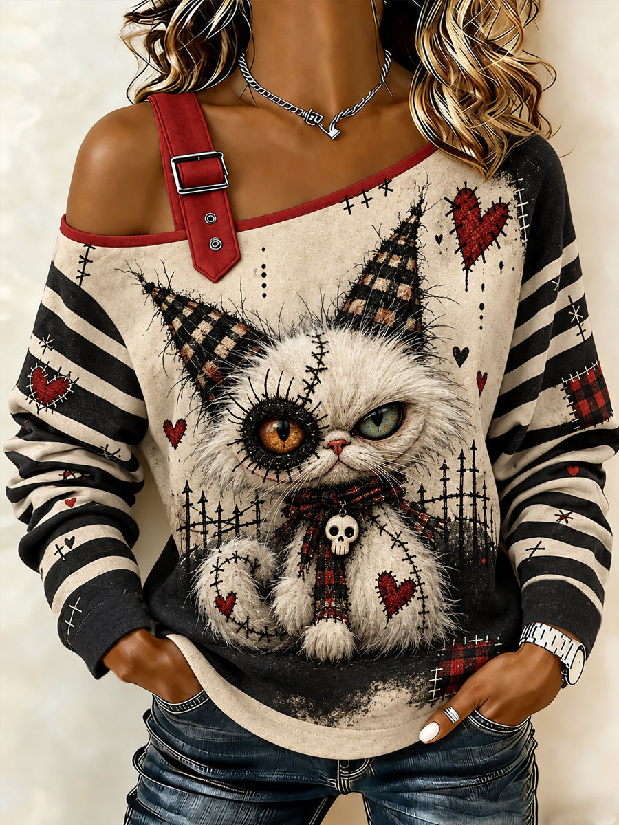 Women's Halloween Creepy Doll Cat Print  Casual Off-Shoulder Sweatshirt gracestitchs