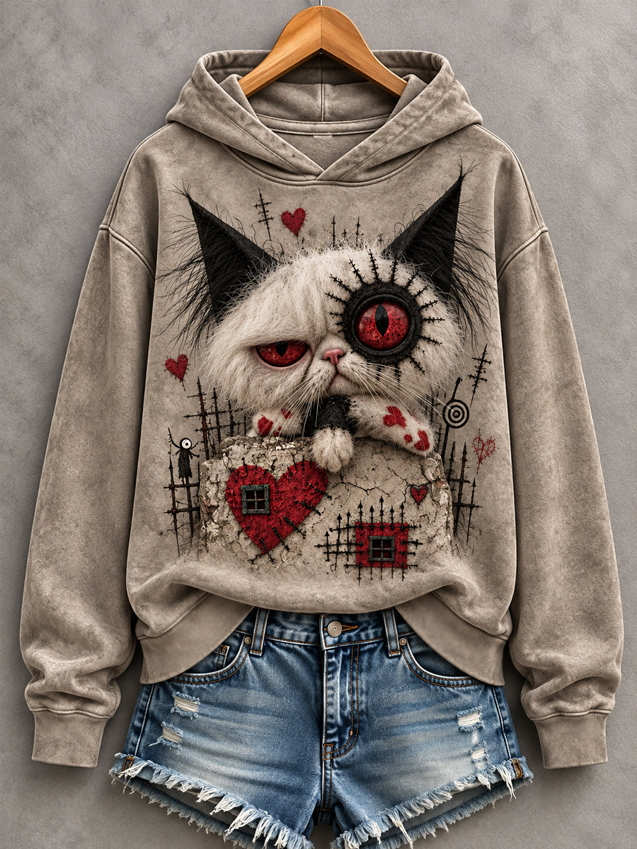 Women's Halloween Creepy Cat Print  Casual Hoodie gracestitchs