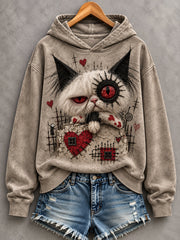 Women's Halloween Creepy Cat Print  Casual Hoodie gracestitchs