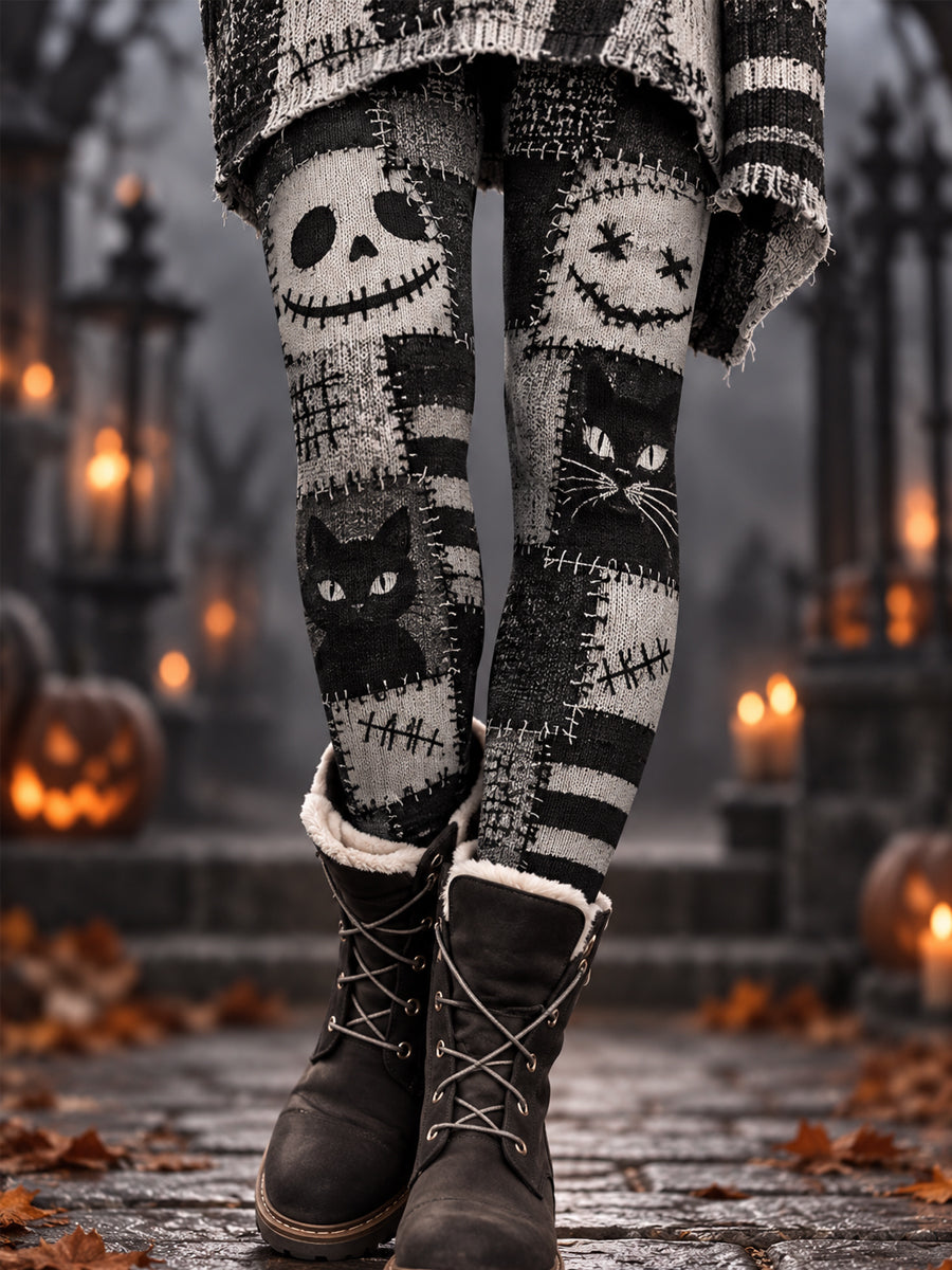 Women's Halloween Black Cat Patchwork Print Leggings gracestitchs