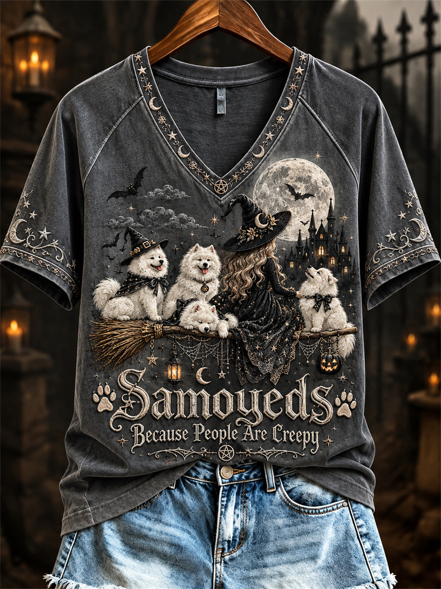 Women's Samoyeds Because People Are Creepy Halloween Witch & Dogs Print short-sleeved T-shirt gracestitchs
