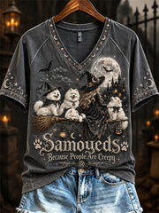 Women's Samoyeds Because People Are Creepy Halloween Witch & Dogs Print short-sleeved T-shirt gracestitchs