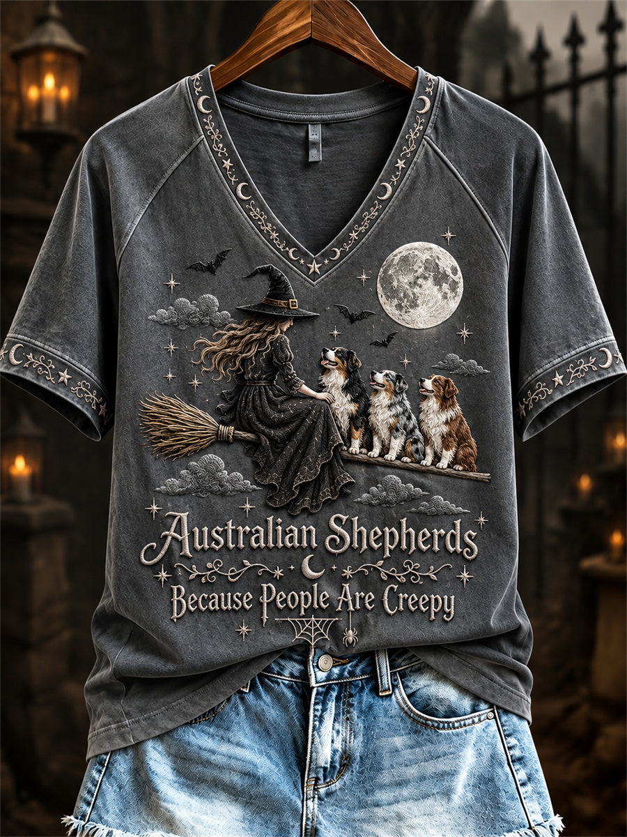 Women's Australian Shepherds Because People Are Creepy Halloween Witch & Dogs Print short-sleeved T-shirt gracestitchs