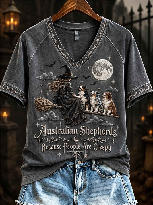 Women's Australian Shepherds Because People Are Creepy Halloween Witch & Dogs Print short-sleeved T-shirt