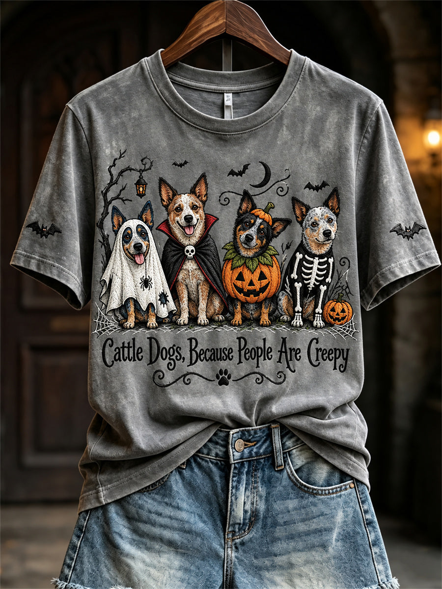Women's Cattle Dogs Because People Are Creepy Halloween Dogs Print short-sleeved T-shirt gracestitchs