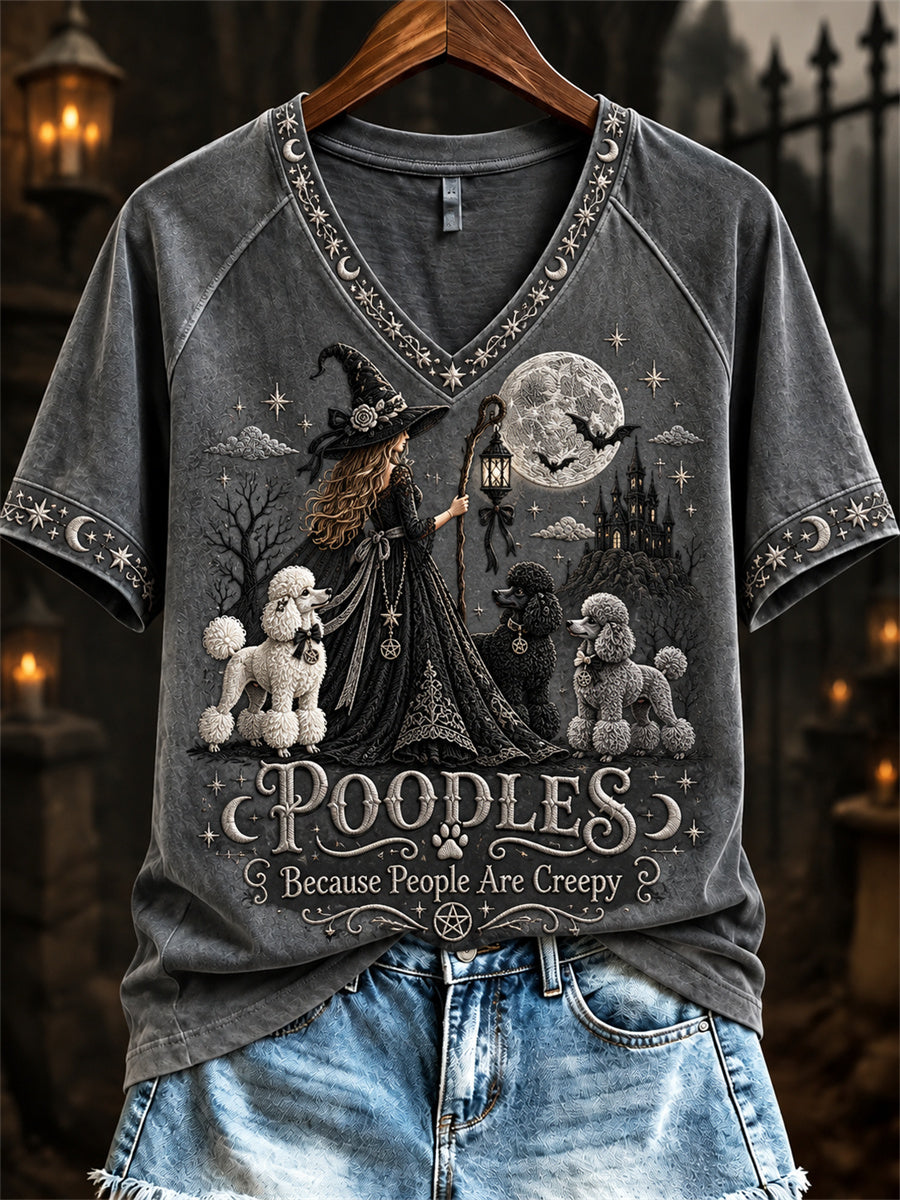 Women's Poodles Because People Are Creepy Halloween Witch & Dogs Print short-sleeved T-shirt gracestitchs