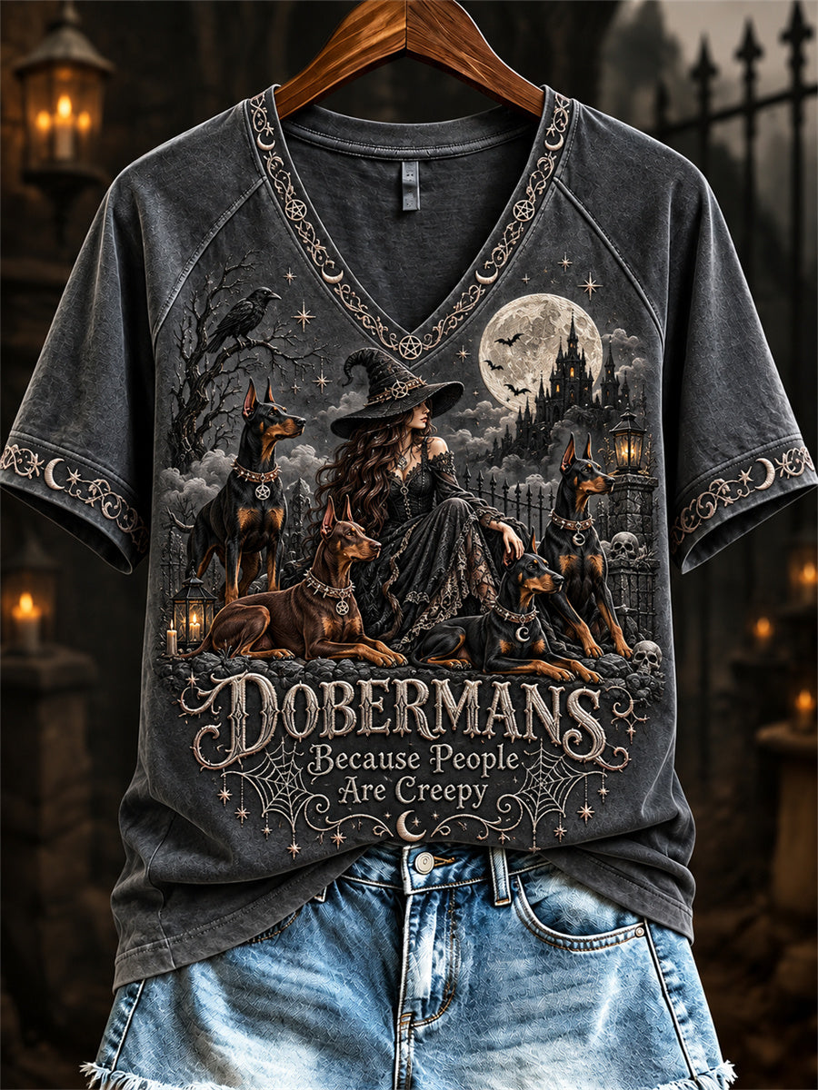 Women's Dobermans Because People Are Creepy Halloween Witch & Dogs Print short-sleeved T-shirt gracestitchs