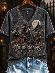 Women's Dobermans Because People Are Creepy Halloween Witch & Dogs Print short-sleeved T-shirt gracestitchs