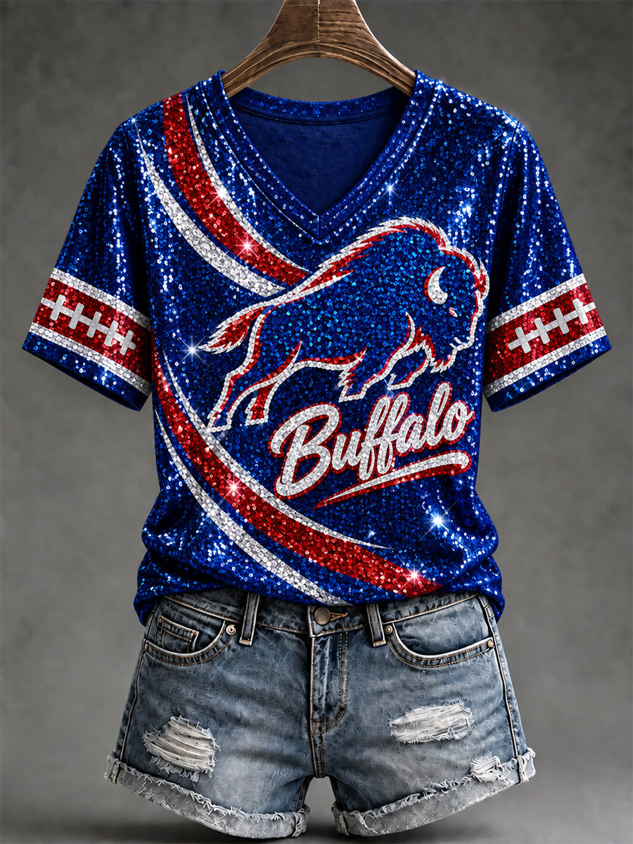 Women's Football Lover Buffalo Print V-Neck Tee gracestitchs