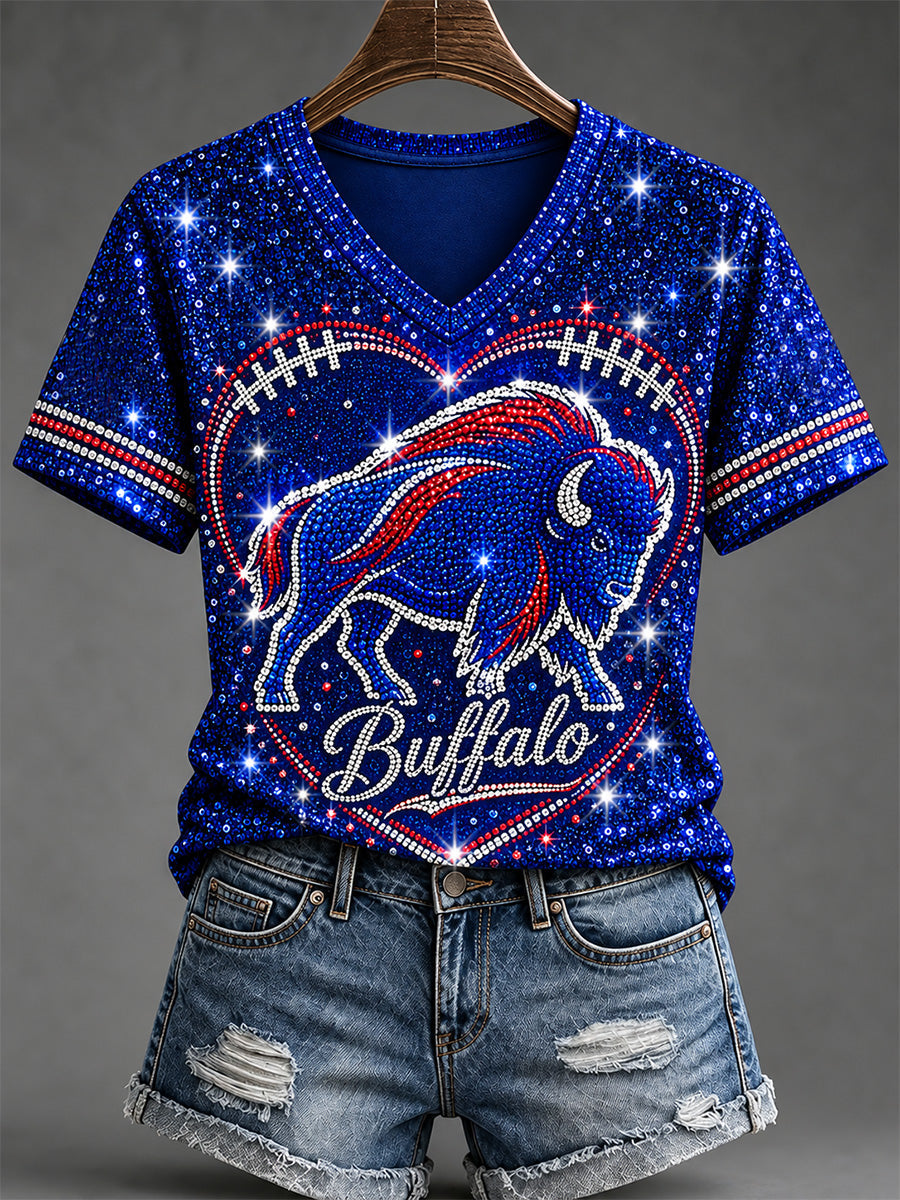 Women's Football Lover Buffalo Print V-Neck Tee gracestitchs