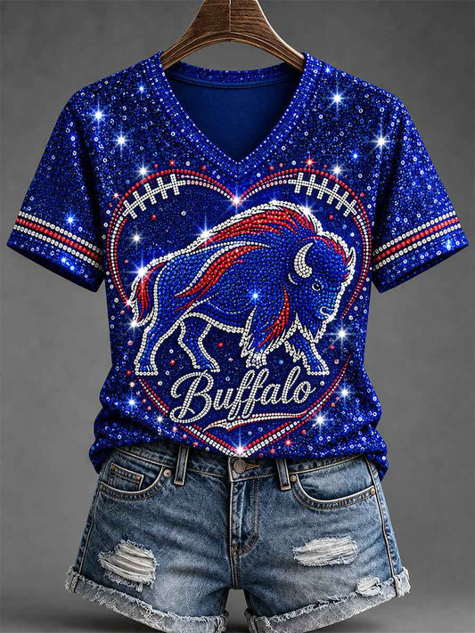 Women's Football Lover Buffalo Print V-Neck Tee
