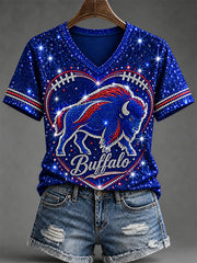 Women's Football Lover Buffalo Print V-Neck Tee gracestitchs