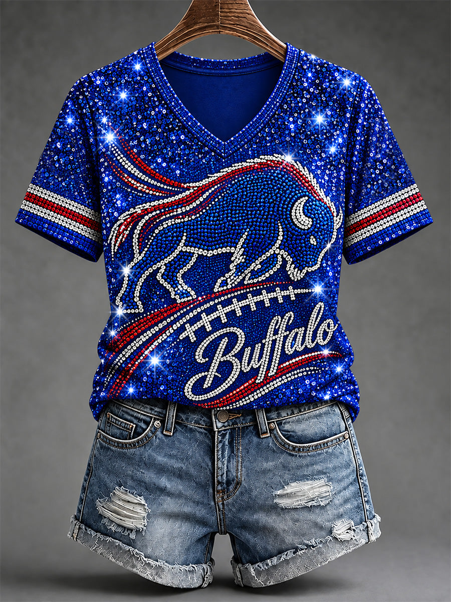 Women's Football Lover Buffalo Print V-Neck Tee gracestitchs