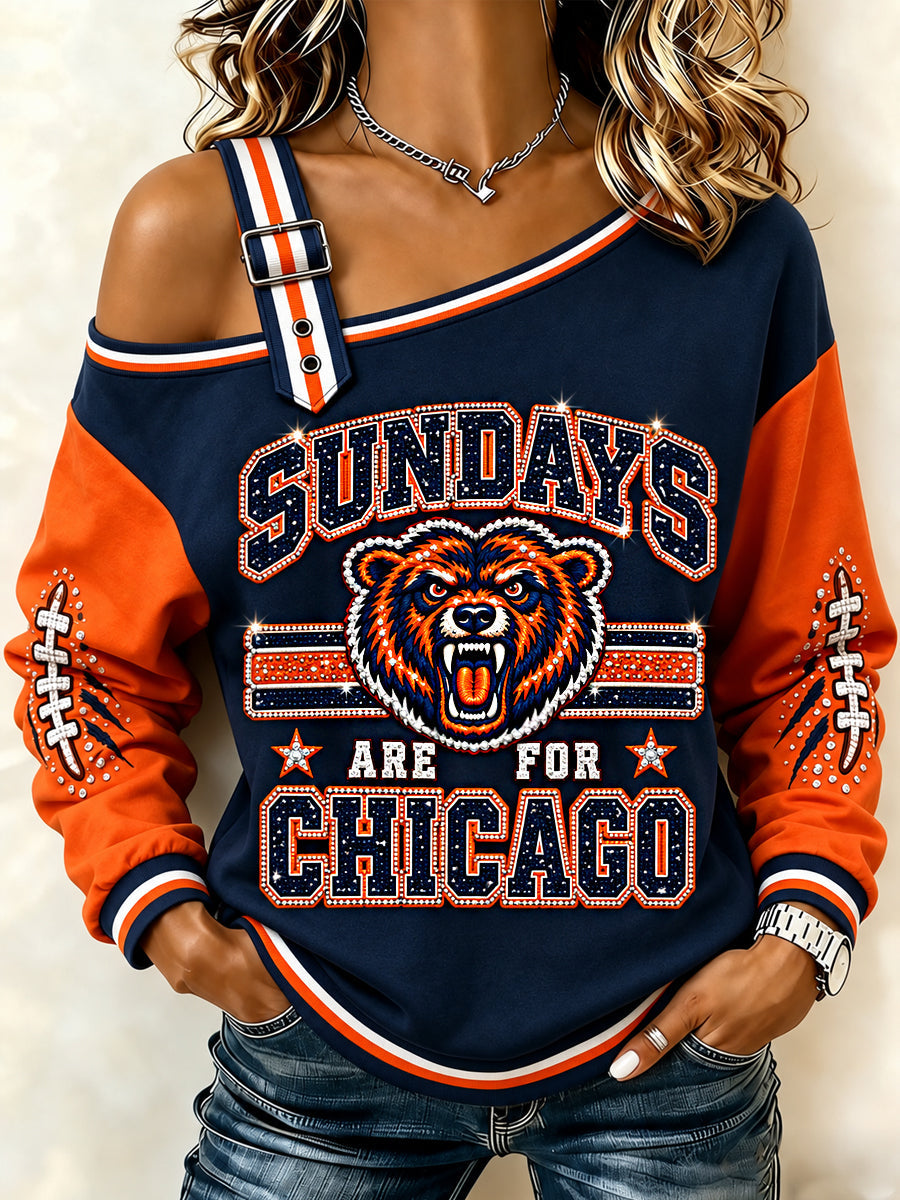 Women's Sundays Are For Chicago Football Gameday Gift For Football Fans Casual Off-Shoulder Sweatshirt gracestitchs